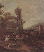 unknow artist An architectural capriccio with a cavalry engagement,a landscape beyond painting